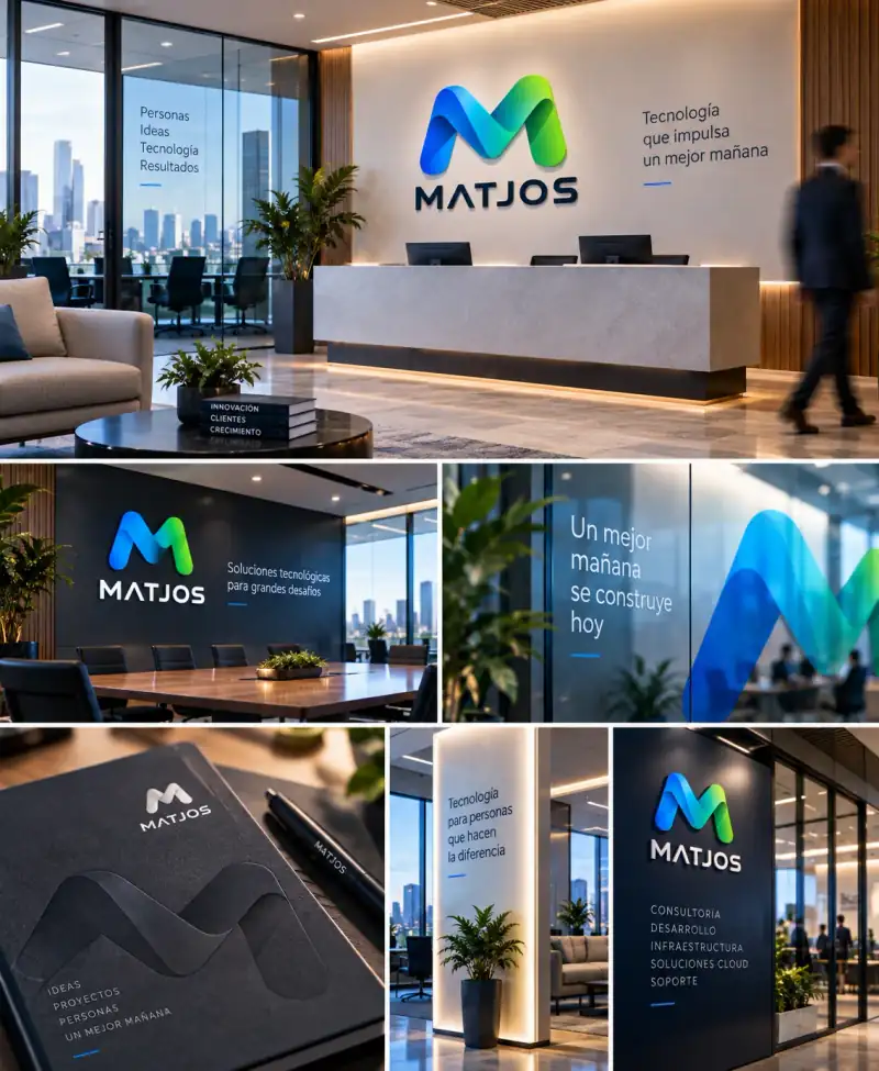 Collage conceptual de futuros espacios corporativos y aplicaciones de marca Matjos